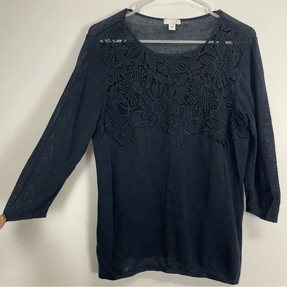 J Jill Sweater Womens Size Medium Navy Blue Knit Floral Applique Neckline - Picture 2 of 9